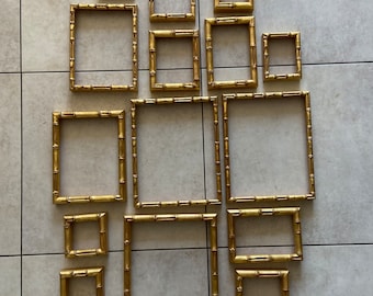 Gilt faux bamboo joblot of 15 picture frames gold leaf collage set