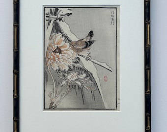 Framed Antique Kono Bairei Woodblock Print, Japanese Bird Art, 1881