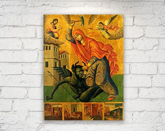 May include: A religious icon painting depicting a woman in red robes crushing a demon with a hammer. The painting is set against a gold background with a cityscape in the background.