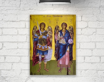 Icono ortodoxo griego de los arcángeles Miguel y Gabriel, impresión en lienzo con bastidor de galería del ángel Rafael, tamaño de la impresión: 7,8" x 11,8" (20 cm x 30 cm)