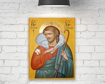 Orthodoxe Ikone von Christus dem Guten Hirten auf Leinwand, Galeriefertige christliche Wanddekoration, Katholisches Ostergeschenk