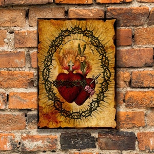 Cuori della Sacra Famiglia basati su un santino francese vintage - Stampa d'arte cattolica, stampa su tela confezionata in galleria