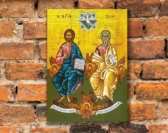 Icône orthodoxe de la Sainte Trinité sur toile de Rublev, montée sur châssis, art mural chrétien, cadeau de Pâques catholique
