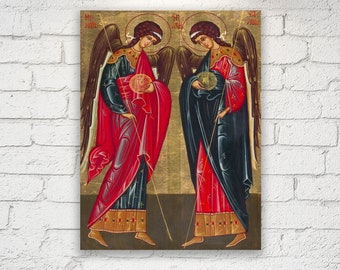 Icono ortodoxo griego del Arcángel Miguel y Gabriel, Impresión en lienzo con bastidor de galería del Ángel Miguel, Tamaño de la impresión: 7,8" x 11,8" (20 cm x 30 cm)