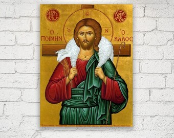 Orthodoxe Ikone von Christus dem Guten Hirten auf Leinwand, Galeriefertige christliche Wanddekoration, Katholisches Ostergeschenk