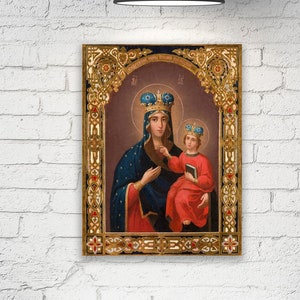 Russisch-Orthodoxe Ikone DIE DUBOVICHSKAYA Mutter der Gottesmutter Maria, eingefasster Druck auf Leinwand, Druckgröße: 20 cm x 30 cm