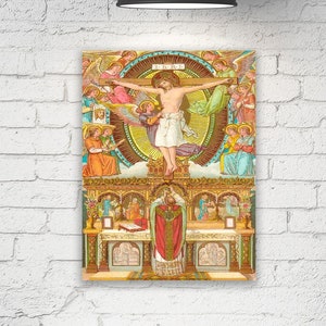 La messe d'après une carte d'art catholique vintage, impression tendue sur toile