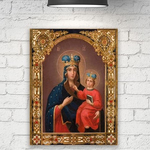Eine seltene Ikone mit der DUBOVICHSKAYA Mutter Gottes Russisch um 1900 Russisch Russisch-Orthodoxe Ikone Heilige Jungfrau Maria in der Galerie eingewickelter Leinwanddruck