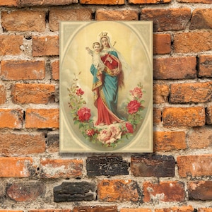 Tarjeta Sagrada de Nuestra Señora Virgen María y el Niño Jesús basada en una impresión de arte católico de tarjeta sagrada vintage, impresión envuelta en galería sobre lienzo