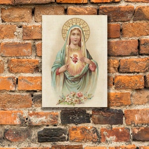 Sagrado Corazón de Santa María basado en una Estampilla Sagrada Francesa Vintage – Impresión de Arte Católico, Impresión envuelta en galería sobre lienzo