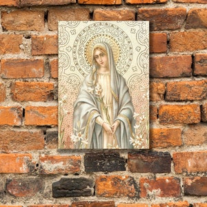 Notre-Dame des Lys d'après une impression d'art catholique vintage carte sainte, impression tendue sur toile