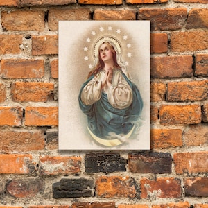 Inmaculada Virgen María basada en una tarjeta sagrada vintage, impresión artística católica, impresión envuelta en galería sobre lienzo