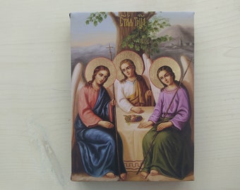 Icône orthodoxe de la Sainte Trinité sur toile de Rublev, montée sur châssis, art mural chrétien, cadeau de Pâques catholique