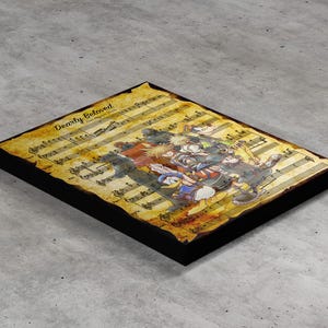 May include: A vintage-style print of a group of cartoon characters, including Mickey Mouse, Donald Duck, and Goofy, standing together on a sheet of music. The music sheet has the words "Dearly Beloved" printed at the top.
