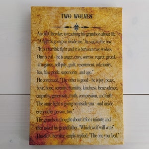 Two Wolves Story Cherokee Story Wise Native American Quote, wydruk na płótnie w oprawie galeryjnej, rozmiar wydruku: 7,8" x 11,8" (20 cm x 30 cm)