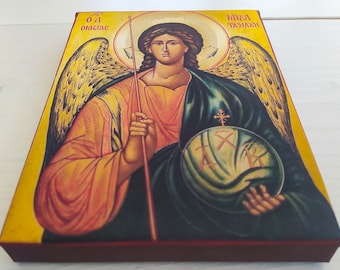 Archangel Michael Greek Orthodox Icon Canvas, Saint Michael Christian Wall Art, Guardian Angel Gift, Ready to Hang Decor