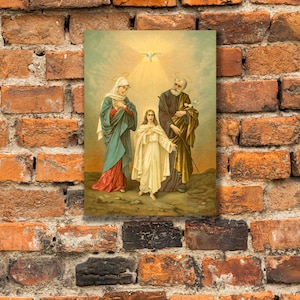 La Sainte Famille d'après une impression d'art catholique vintage Holy Card, impression sur toile tendue dans une galerie