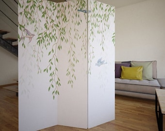 Green Leaves Birds Room Divider, Folding Screen, Room Divider - 3 and 5 panels, Room Partition, Decorative Room Separator