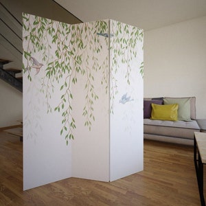 Green Leaves Birds Room Divider, Folding Screen, Room Divider - 3 and 5 panels, Room Partition, Decorative Room Separator