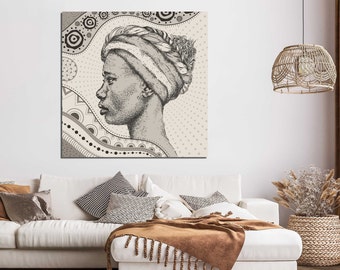 African Woman Canvas Wall Art, Canvas Print Home Decor, Framed Print, Decoration Wall Art Design,Painting Wall Art, White and Black Wall Art