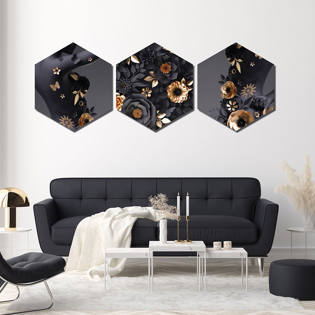 Hexagon Canvas Wall Art - Set of 3 Canvas Print - Abstract Black ...