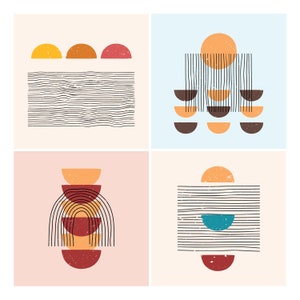 May include: Four abstract art prints featuring geometric shapes and lines in a variety of colours, including orange, yellow, red, brown, and blue. The prints are arranged in a grid pattern.
