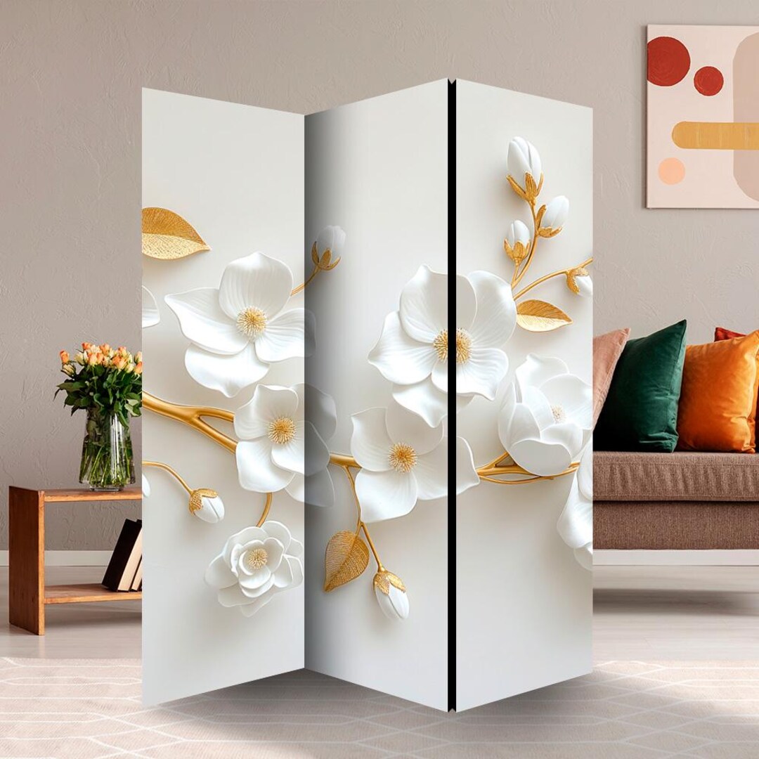 White Flower Room Divider, Folding Screen, Room Divider - 3 and 5