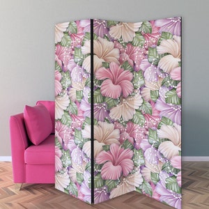 Pastel Colors Flowers Room Divider, Folding Screen, Room Divider - 3 and 5 panels, Room Partition, Decorative Room Separator