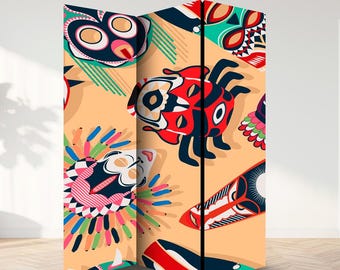 Japanischer Masken Raumteiler, Paravent, Raumteiler - 3-teilig und 5-teilig, Raumteiler, Dekorativer Raumteiler