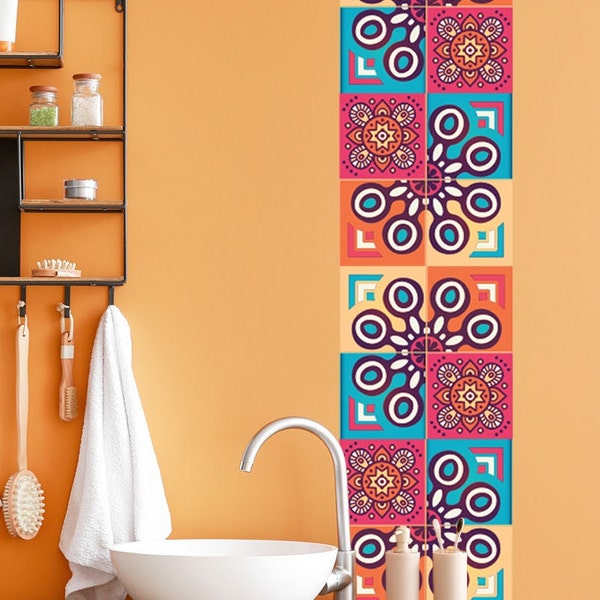 Colorful Mosaic Tiles Stickers 8 Stickers in Set, Carrelage Adhésif, Stair Stickers, Wall and Floor Decals, Peel and Stick Tile