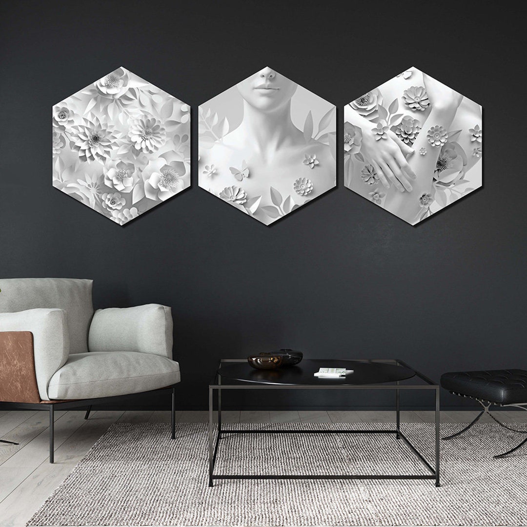 Hexagon Canvas Wall Art - Set of 3 Canvas Print - Abstract White ...