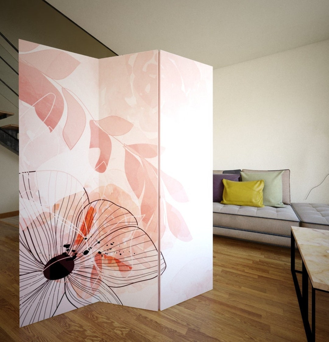 Pink Minimalistic Flower Room Divider, Folding Screen, Room Divider 3