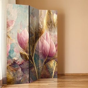 Tulip Pink Flowers, Abstract Room Divider, Minimalistic Style, Folding Screen - 3 and 5 panels, Room Partition, Room Separator, Privacy wall