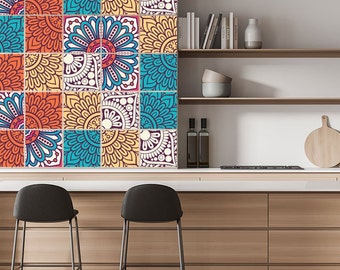 Colorful Fliesenaufkleber Tiles Decals, 16 Stickers in Set, Wall and Floor Stickers,  Peel and Stick Tile, Bathroom and Kitchen Decals