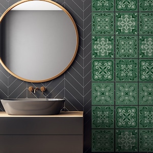Gröna vintage mosaikklistermärken, 15 klistermärken i set, vägg- och golvdekaler, vinylklistermärke, kakelklistermärkeshållare, gångbart material