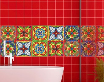 15 Stickers in Set, Mexican Talavera Tiles Decals, Wall and Floor Stickers, Peel and Stick Tile, Bathroom and Kitchen Decals