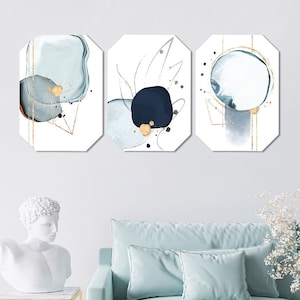 Octagon Canvas Wall Art - Set of 3 Canvas Print - Blue Minimalist Octagon Painting - Hang Painting - Free International Shipping