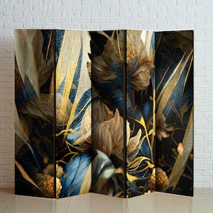Indigo Flowers Room Divider, Indigo and Gold , Painting Style, Folding Screen - 3 and 5 panels, Room Partition, Room Separator, Privacy wall
