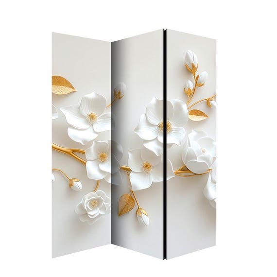 White Flower Room Divider, Folding Screen, Room Divider - 3 and 5