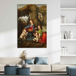 Virgen de las Rocas, Pintura de Leonardo da Vinci, Reproducción Arte Impresión sobre Lienzo, Arte Mural Vintage, Arte Mural Lienzo