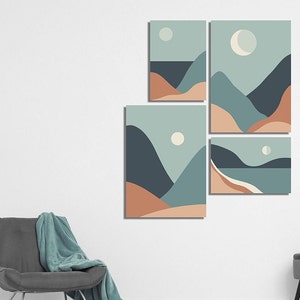 Minimalist Moon Set of 4 Canvas Wall Art Print - Wall Art Canvas of 4 Piece- Abstract Painting Wall Art- Framed Hang