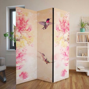 Colibri Room Divider, Folding Screen, Room Divider - 3 and 5  panels, Room Partition, Decorative Room Separator, Colorful Flowers Screen