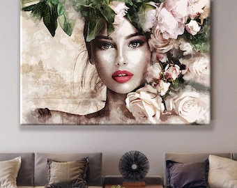 Beauty Woman Canvas Painting Print, Woman Portrait, Woman Canvas Wall Art, Canvas with Flowers