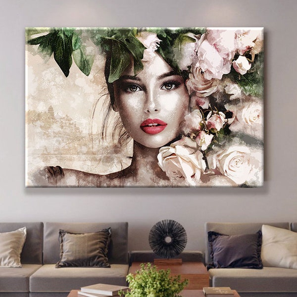 Beauté femme toile peinture impression, Portrait de femme, femme toile Wall Art, toile avec des fleurs