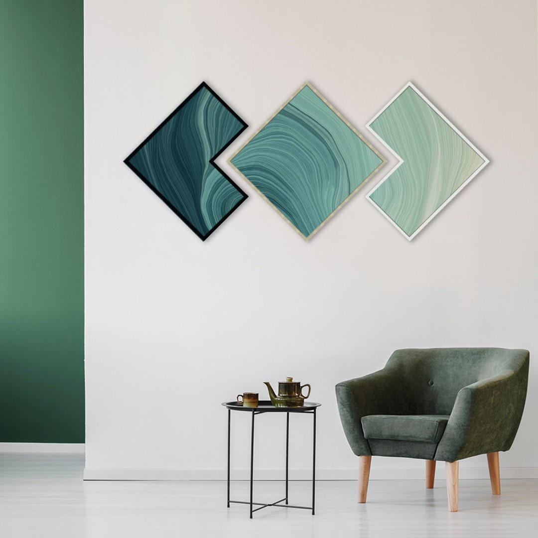 Abstract Blue Canvas Wall Art Set of 3 Geometric Shapes Etsy