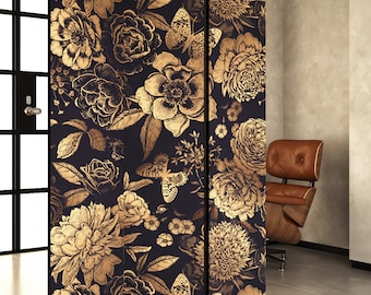 Gold Flower Room Divider, Folding Screen, Room Divider - 3 and 5  panels, Room Partition, Decorative Room Separator