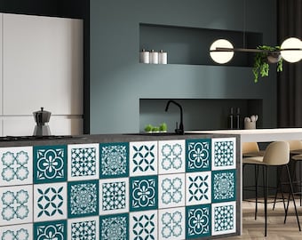 Azulejo Mosaic Tiles Sticker, 16 Stickers in Set, Stickers Escalier, Self-adhesive, Waterproof, Wall and Floor Decals, Mosaic Tile