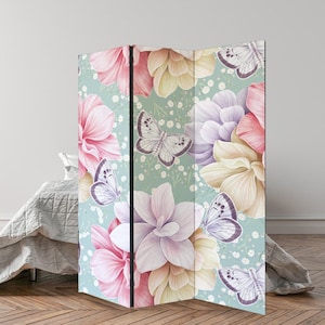 Modern Flowers Butterfly Room Divider, Folding Screen, Room Divider - 3 and 5 panels, Room Partition, Decorative Room Separator