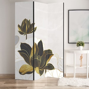 Minimalistic Gold Flower Room Divider, Folding Screen, Room Divider - 3 and 5 panels, Decorative Room Separator, Free standing room divider