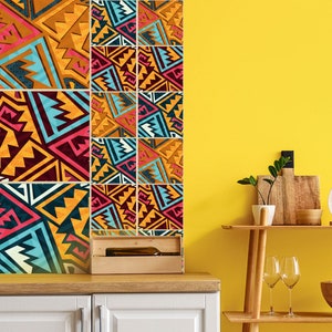 Afrikanische Talavera Fliesenaufkleber, 12 Aufkleber im Set, Wand- und Bodenaufkleber, Treppenaufkleber, Fliesen schälen und kleben, Badezimmer Aufkleber